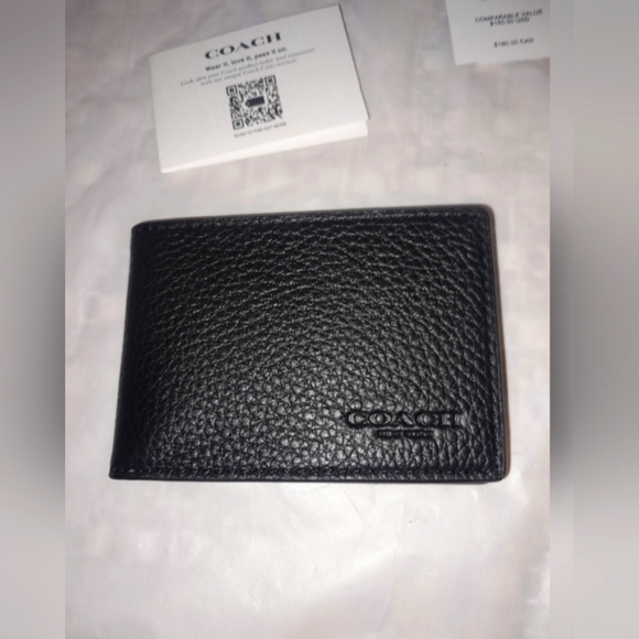 Coach Handbags - New Coach Compact Billfold Wallet  Pebble Leather In Black/ID Slot NWT